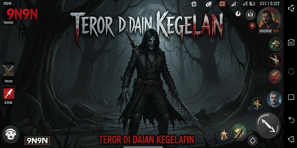 Screenshot gameplay <strong>9N9N</strong> menampilkan suasana seram saat menjelajahi tempat gelap.