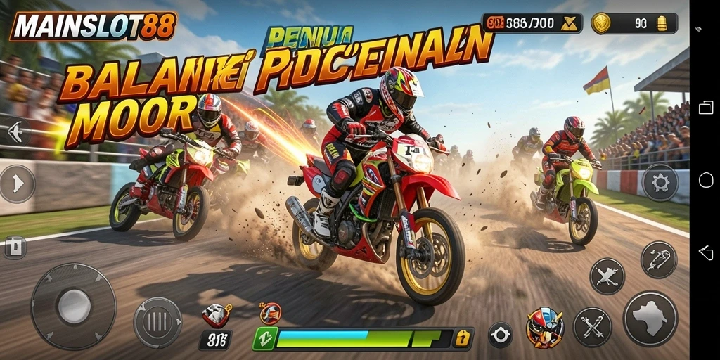Screenshot gameplay MAINSLOT88 menampilkan aksi balapan motor yang mendebarkan.