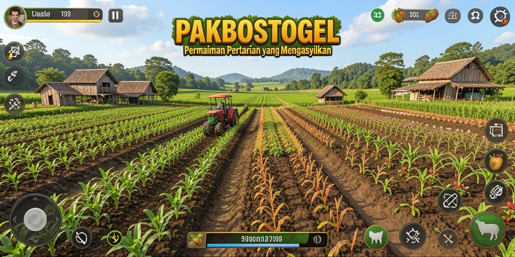 Screenshot gameplay PAKBOSTOGEL yang menunjukkan ladang subur dan alat pertanian.